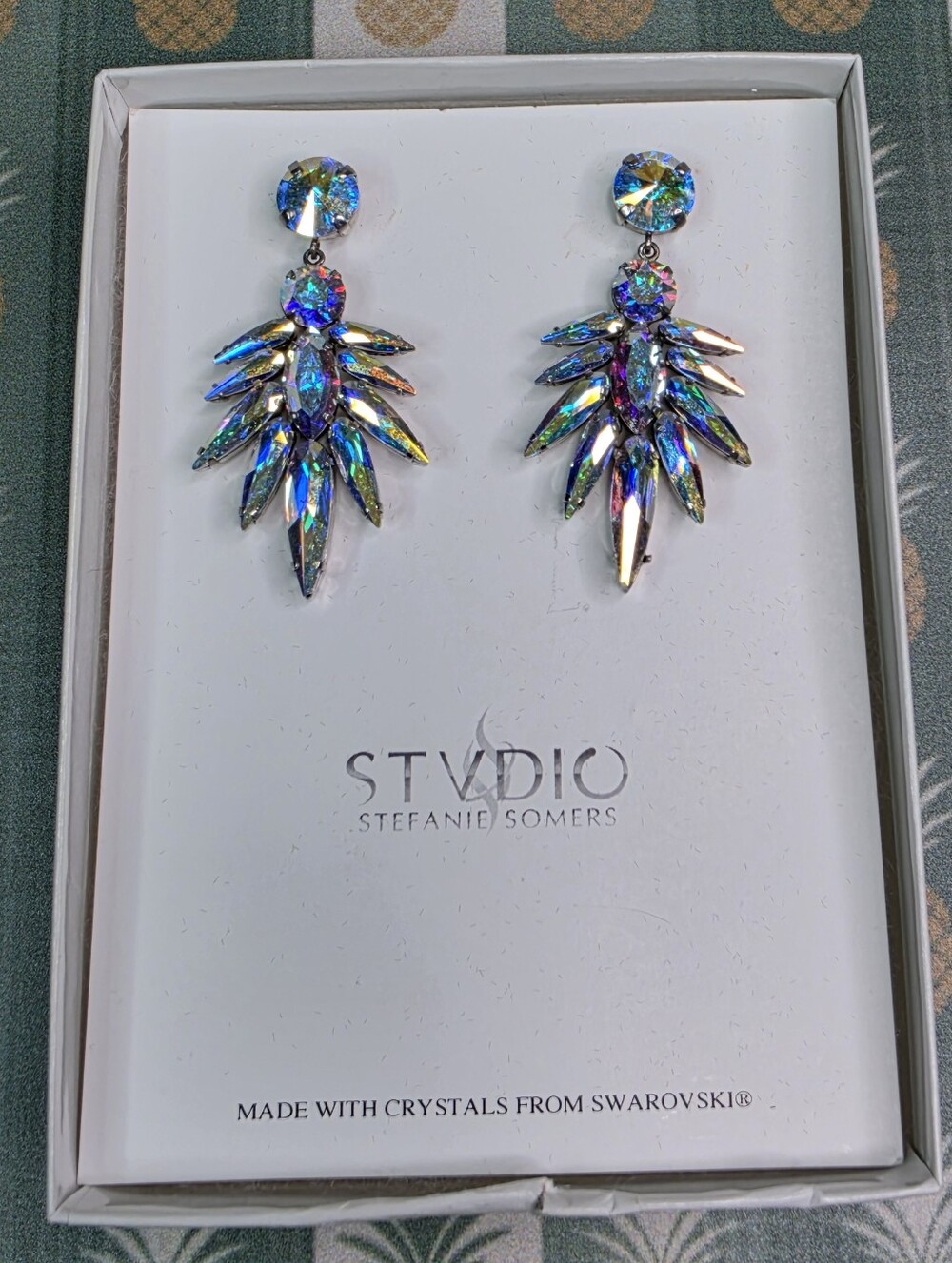 Stefanie Somers Iridescent Crystal Drop Earrings in Blue-Green